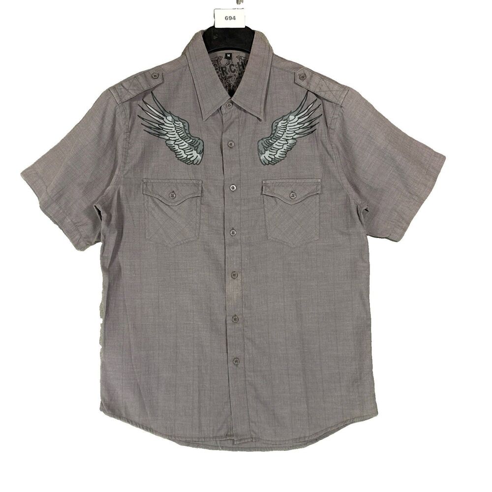 Vercho Men's Gray Short Sleeve Shirt Y2K Wing Embroidery Button Down M